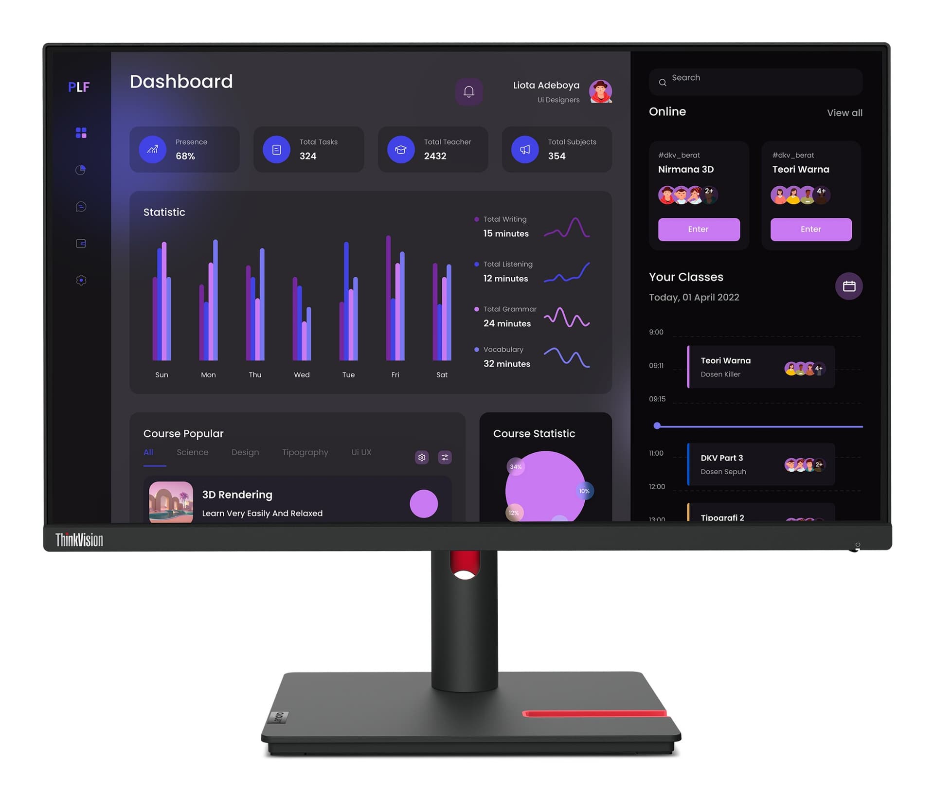 Lenovo ThinkVision T24i-30 WLED IPS Pro Series Monitor, 23.8" 4mc Full HD, 90° rotate, height adjust stand