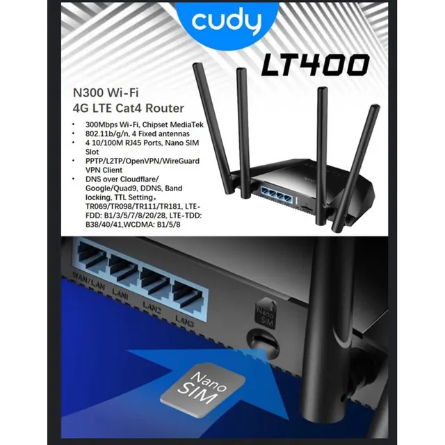 Cudy LT400 4G LTE 300Mbps 4G LTE 300n Wireless Router
