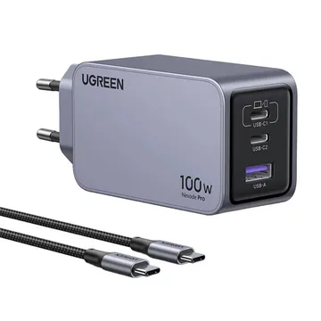UGREEN Nexode Pro 100W 3 port GaN Fast Charger EU (25874) 220V to two USB-C and one USB-A 5V 100Wt Charger