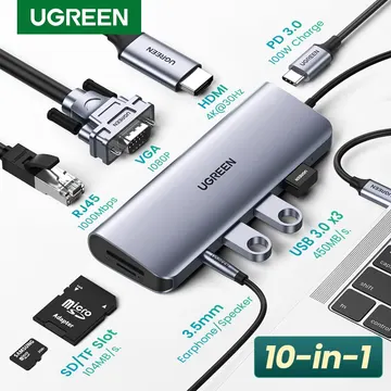 UGreen USB-C Multiport HUB with LAN(45520) USB 3.0 Type-C to HDMI & VGA Adapter and Multiport HUB with PD + LAN