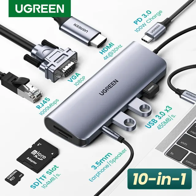 UGreen USB-C Multiport HUB with LAN(45520) USB 3.0 Type-C to HDMI & VGA Adapter and Multiport HUB with PD + LAN